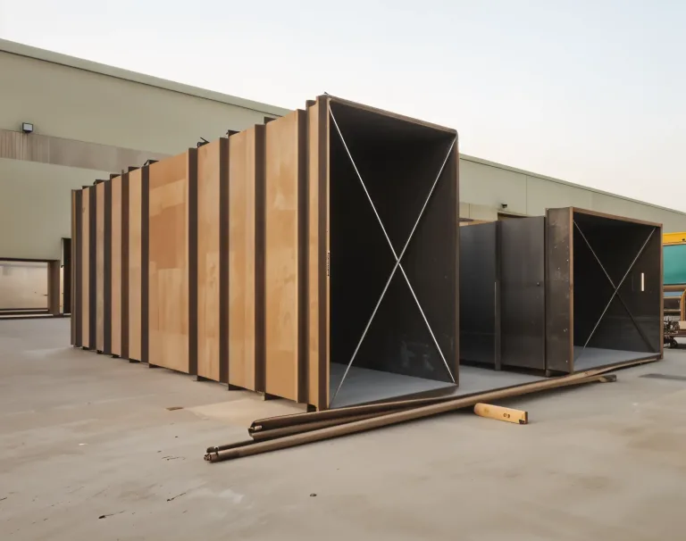 Fabricated steel duct sections in the workshop yard