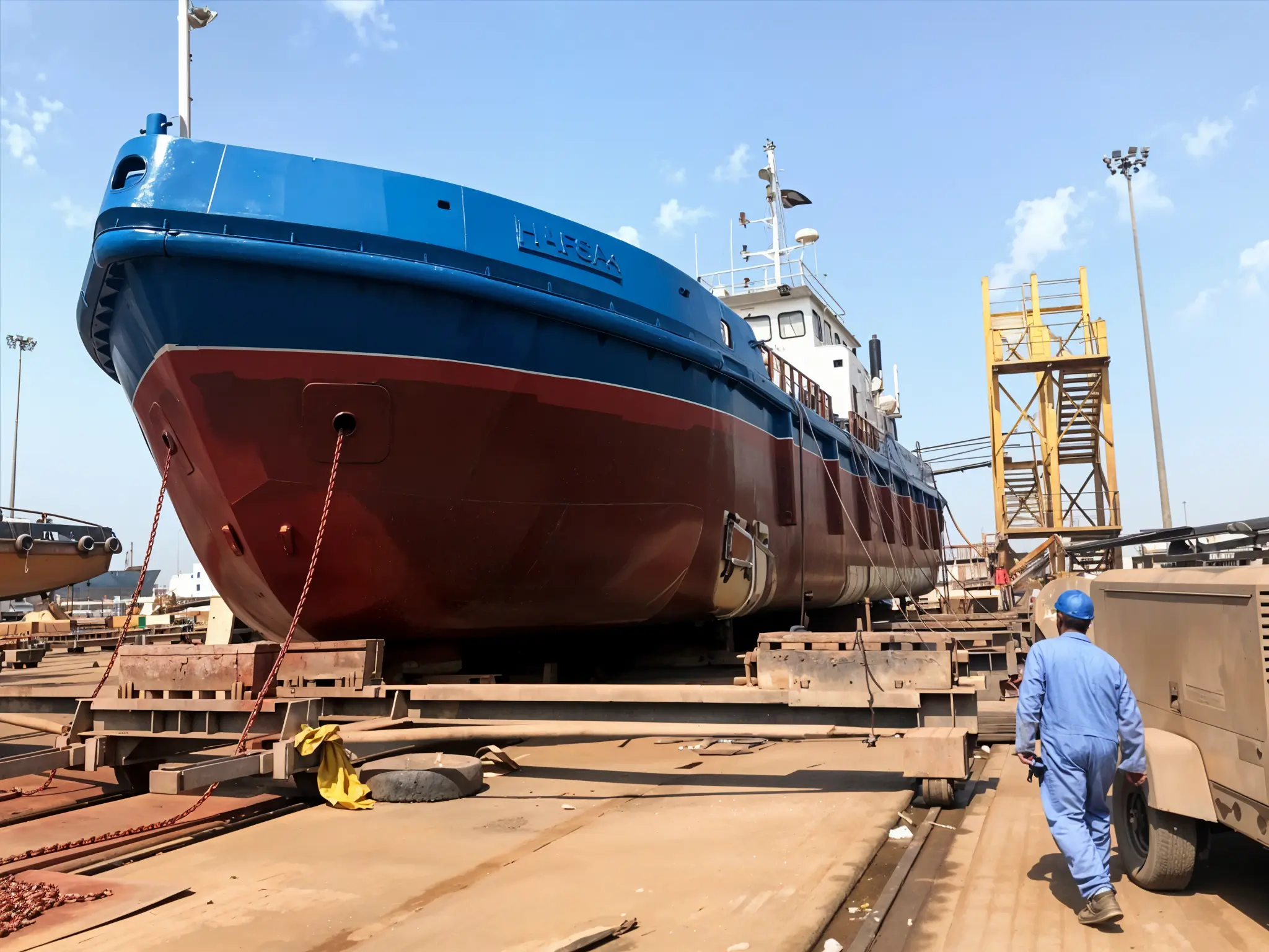 Vessel in dry dock for hull repair and maintenance
