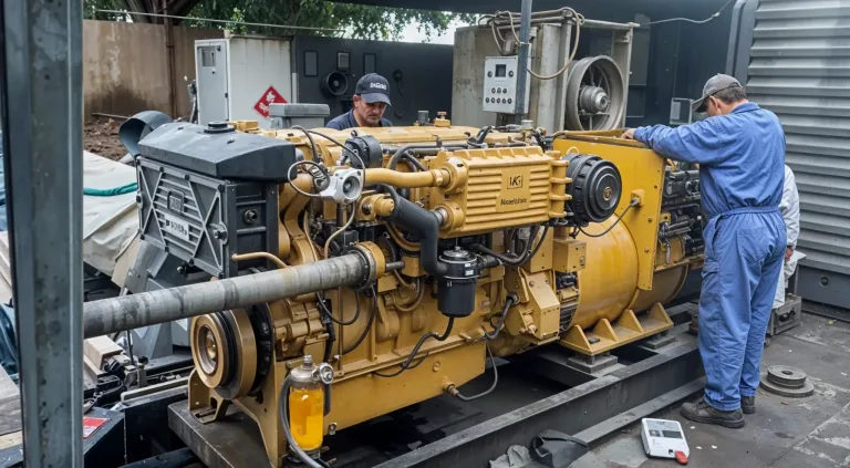 Technician servicing a diesel generator set