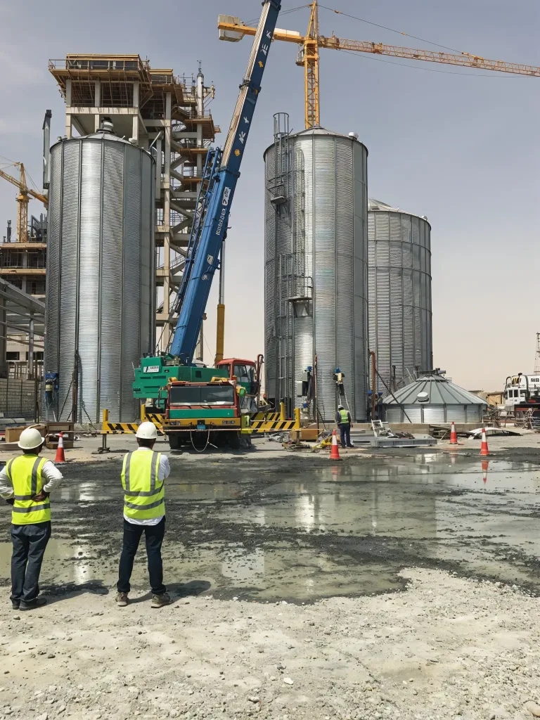 Steel feed silos under erection
