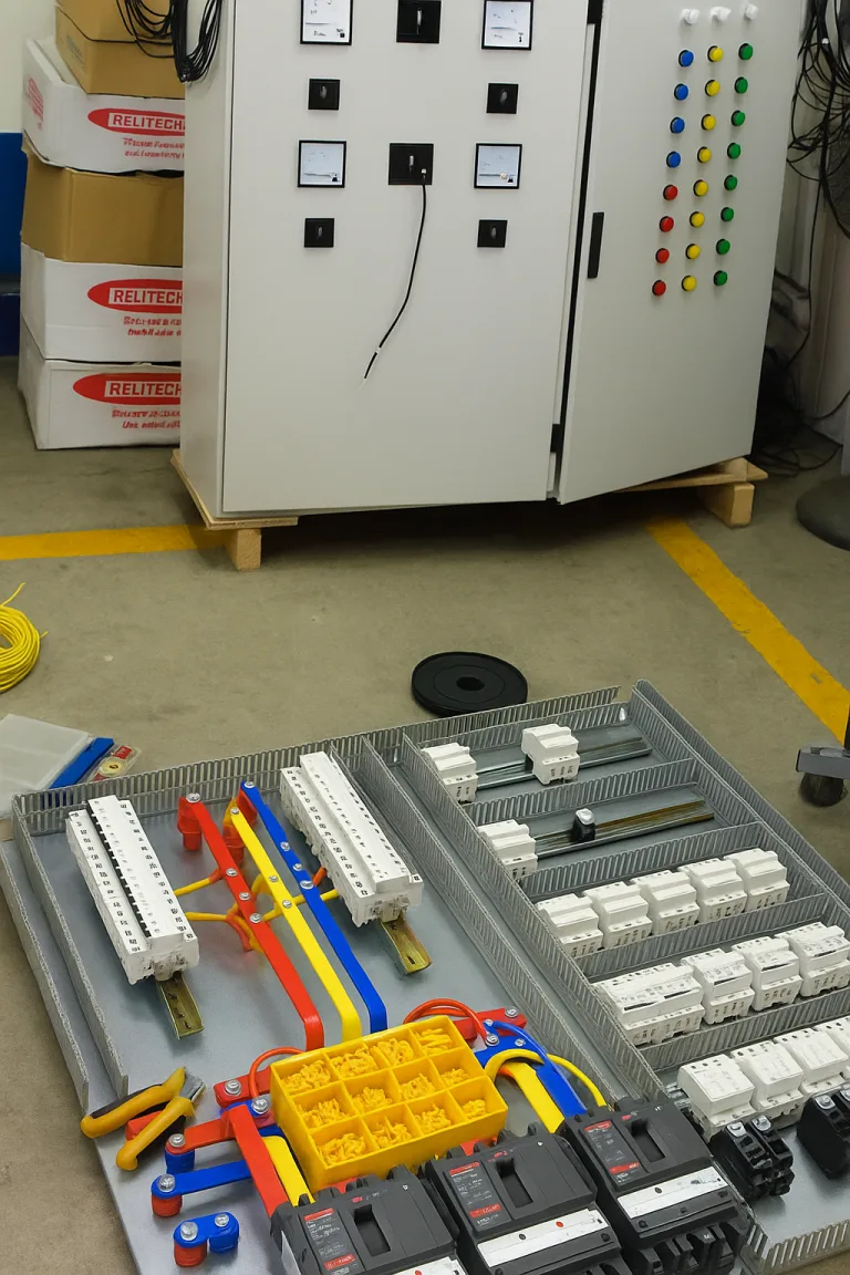 Control panels with components on the workshop floor