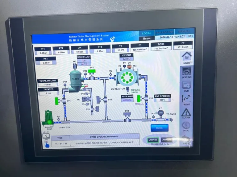 Ballast water treatment system control panel touchscreen showing the filter, UV reactor and valves