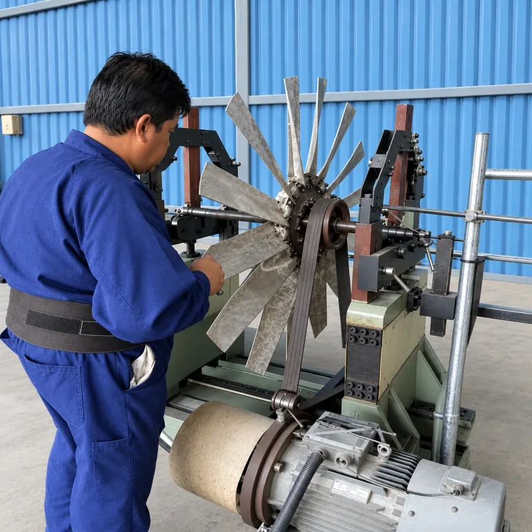 Technician balancing a fan rotor on the dynamic balancing machine
