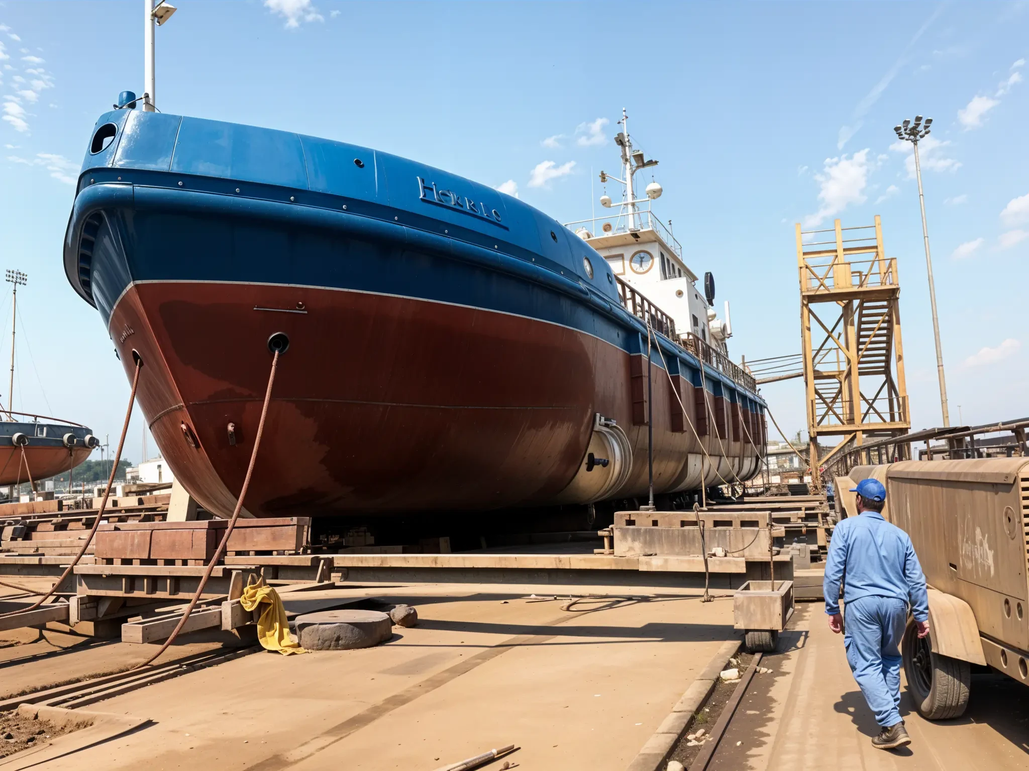 Vessel on the slipway at the dry dock during repair and maintenance