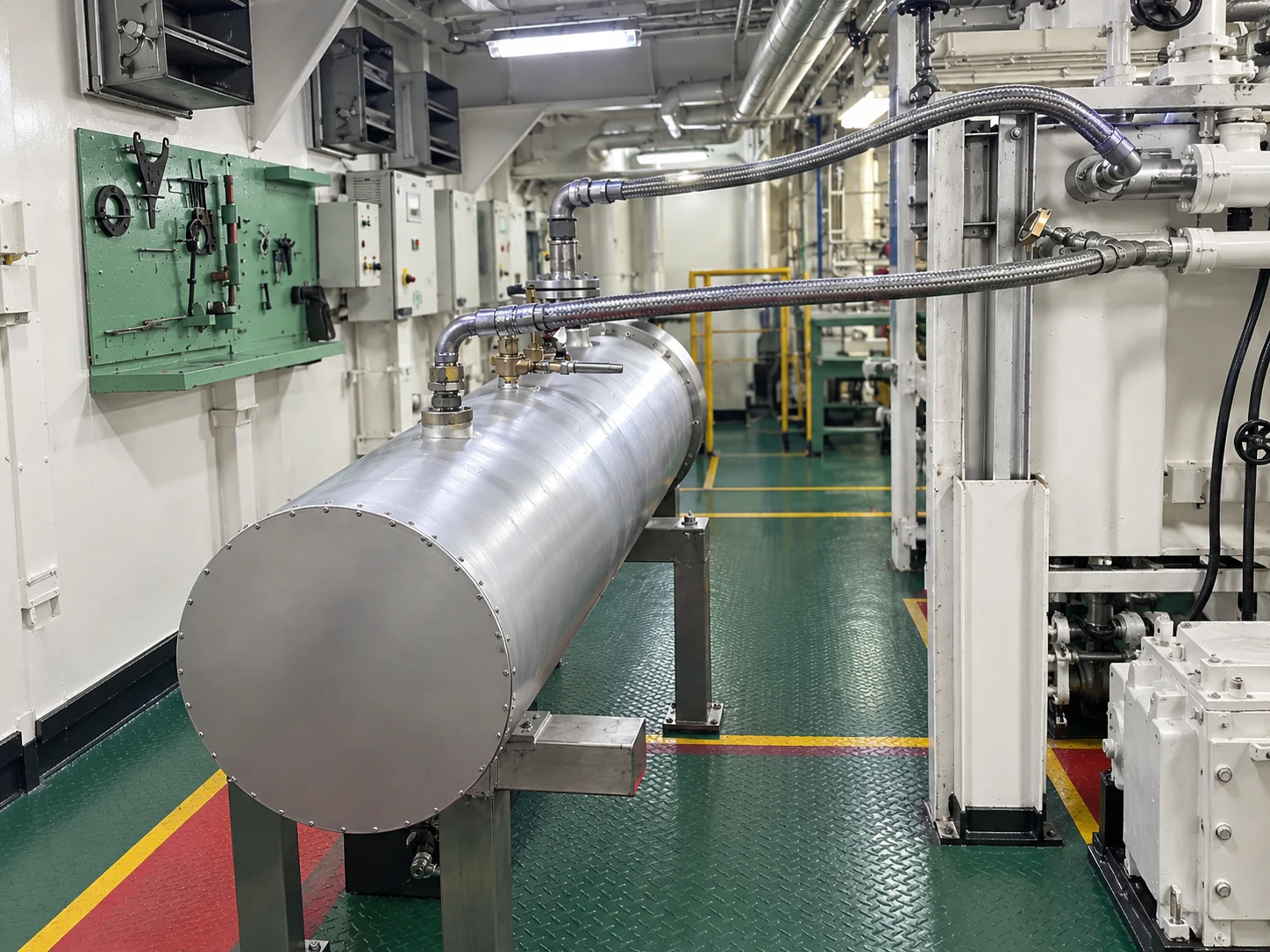 Inline circulation heater with insulated cladding installed in a ship’s engine room Inline circulation heater with insulated cladding installed in a ship’s engine room