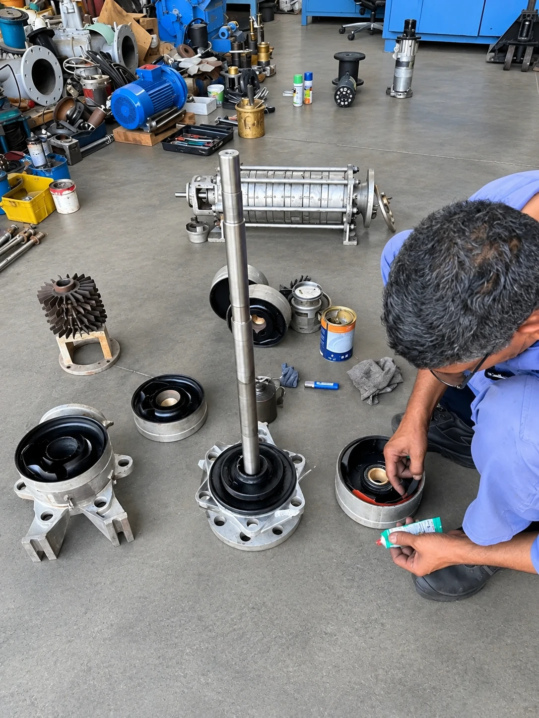 Technician reassembling a vertical multistage pump in the AME workshop Technician reassembling a vertical multistage pump in the AME workshop