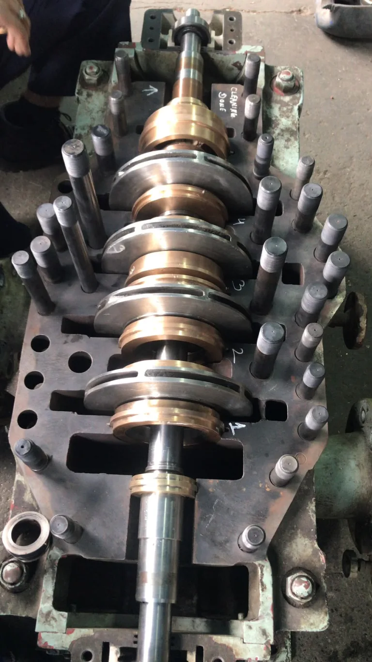 Multistage pump rotor with bronze impellers in the lower casing during overhaul