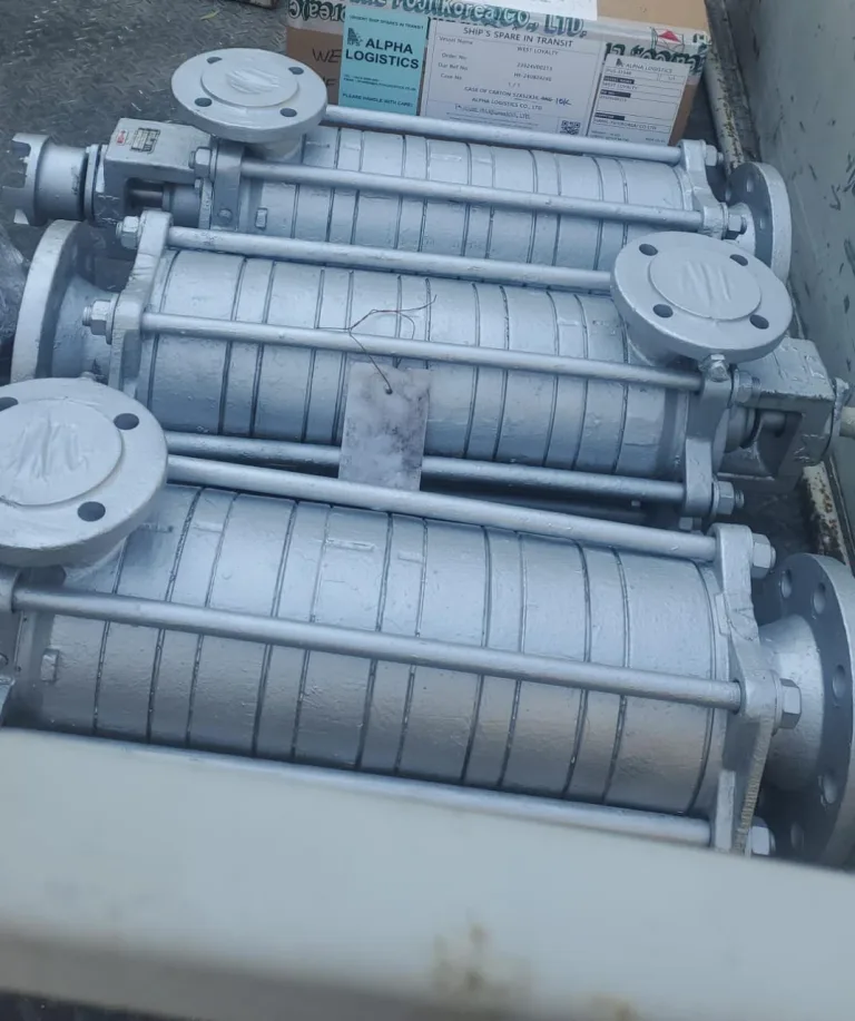 Three horizontal multistage pumps overhauled and repainted, ready for delivery
