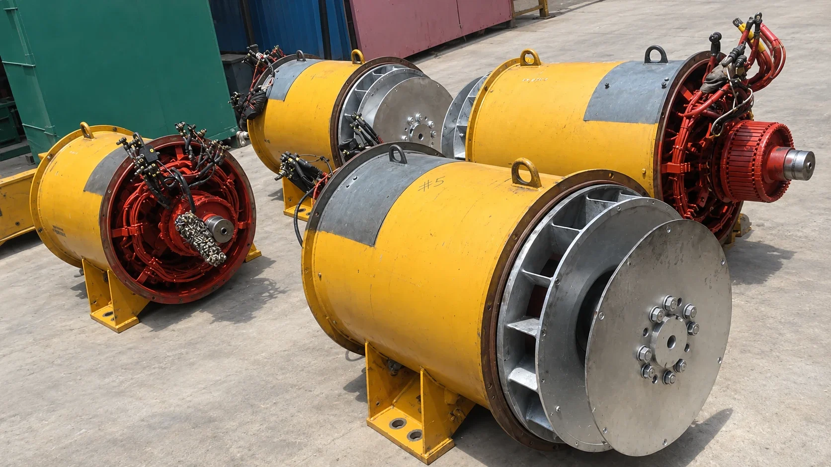 Rewound alternators with red varnished windings, exciter and fans in the AME workshop, Dubai Rewound alternators with red varnished windings, exciter and fans in the AME workshop, Dubai