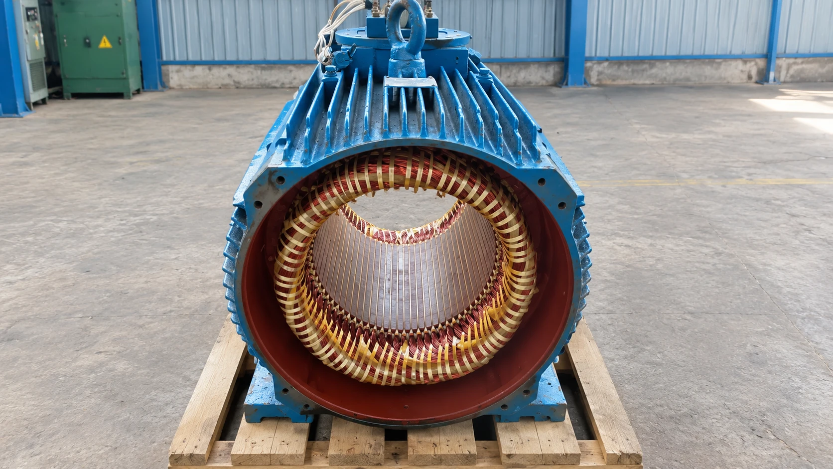 Rewound electric motor stator with new copper windings in its frame at the AME workshop, Dubai