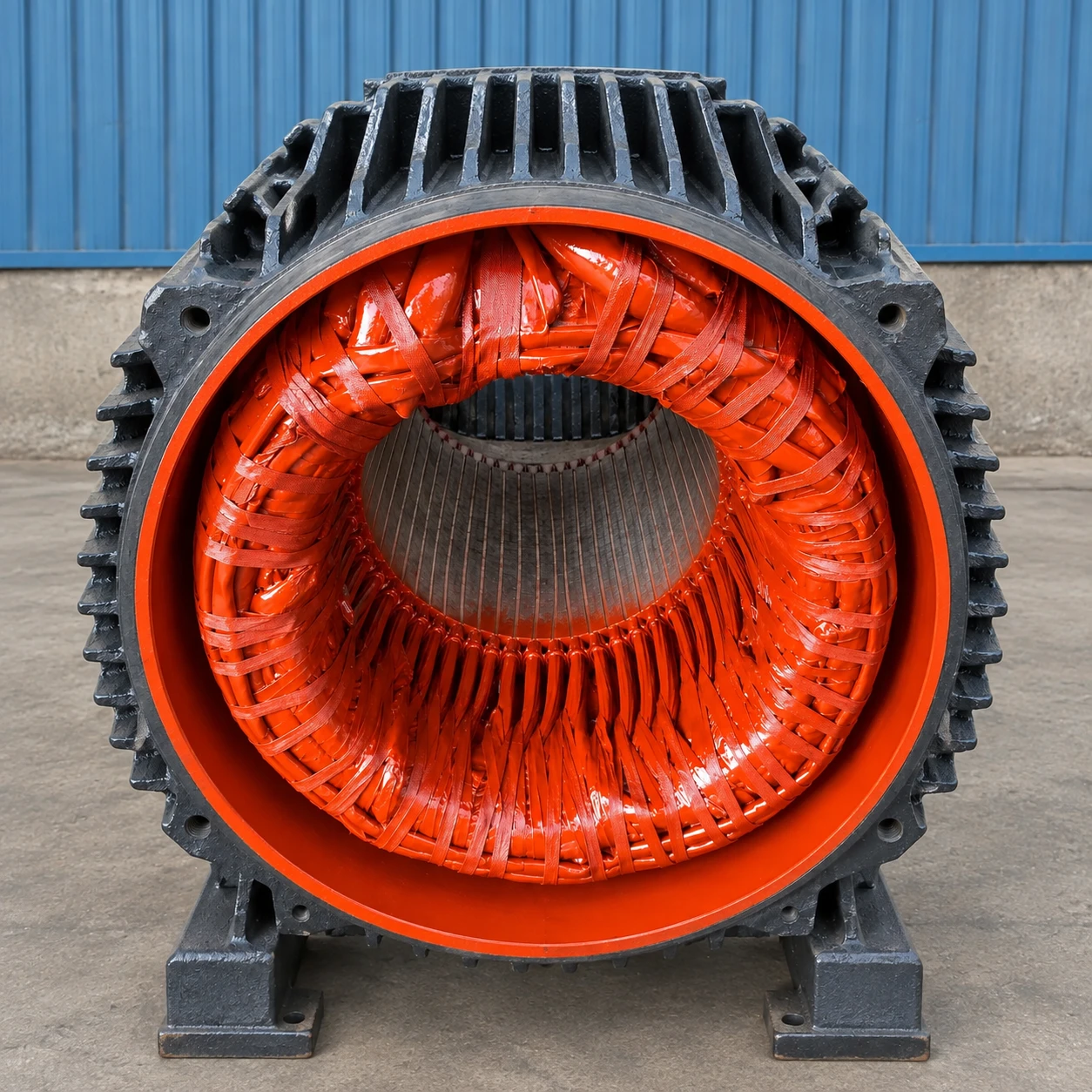 Rewound motor stator with red-varnished windings in its finned frame