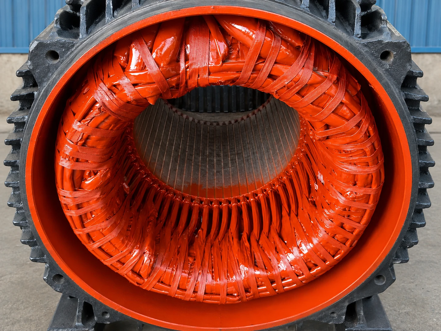 Stator with new red-varnished windings Stator with new red-varnished windings