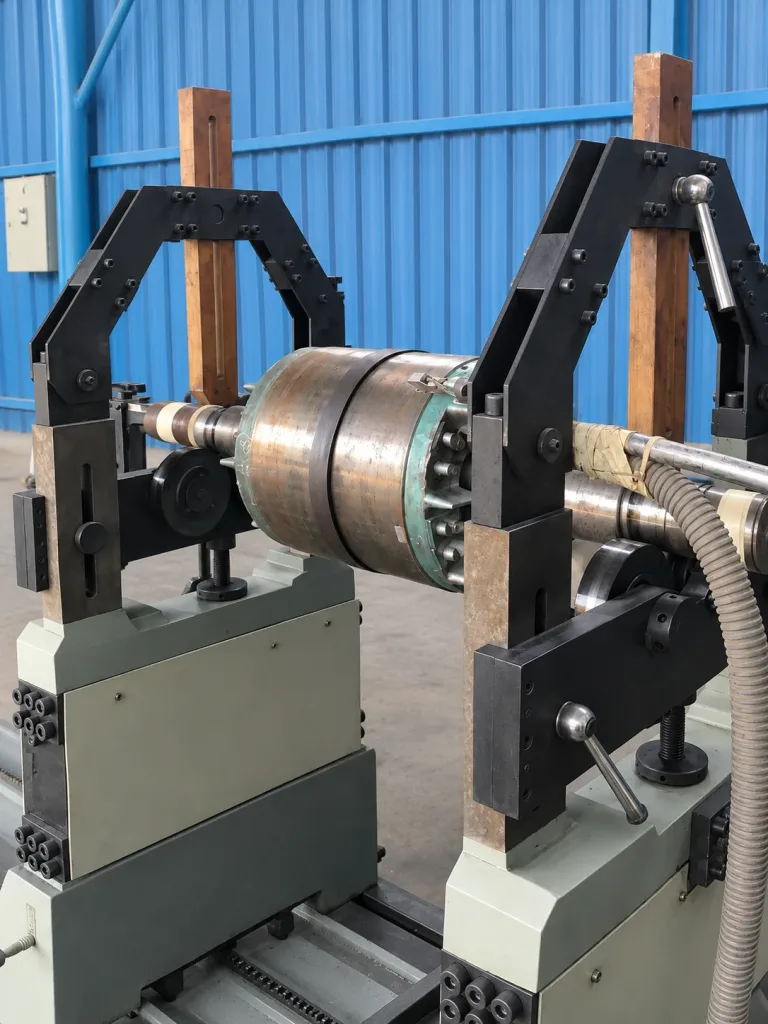 Rotor mounted on the supports of the dynamic balancing machine