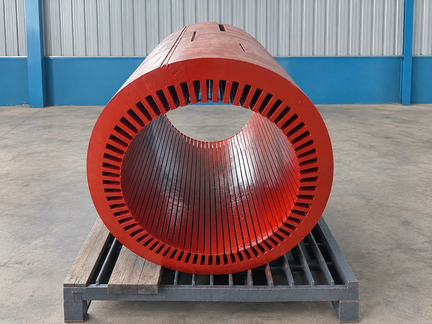 Stripped stator core ready for rewinding in the workshop