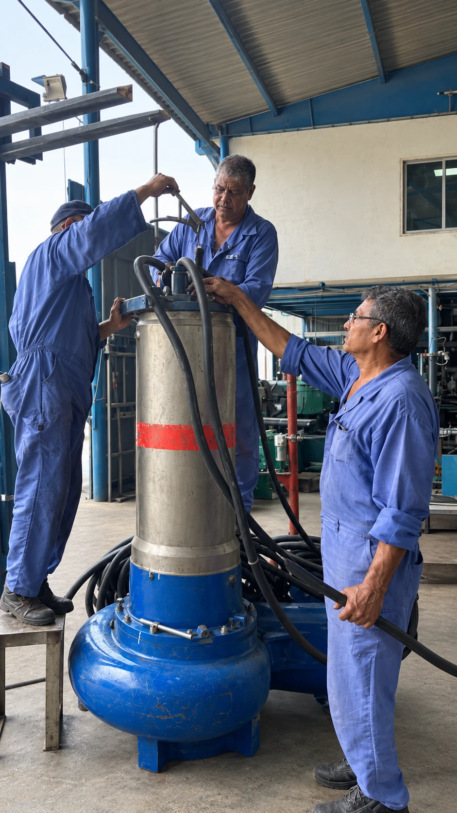 Three technicians working on a large submersible pump in the AME workshop, Dubai Three technicians working on a large submersible pump in the AME workshop, Dubai